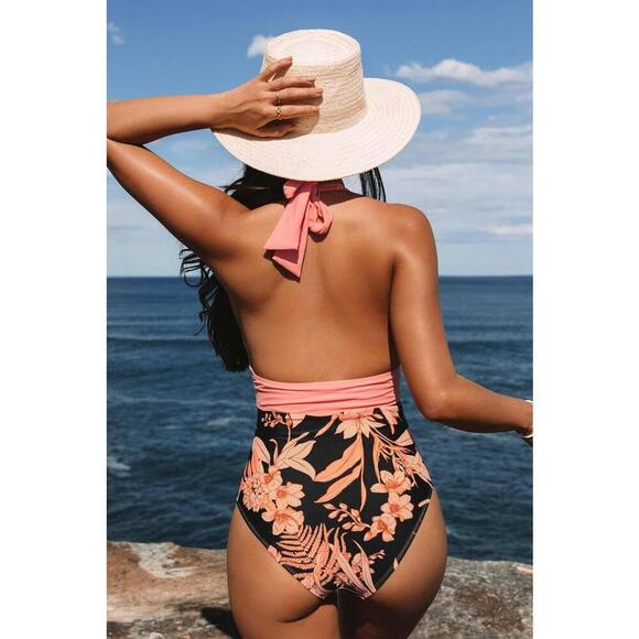 NWT Cupshe Havana Tropical Plunge Halter Ruched One Piece Swimsuit - Size Medium - Picture 2 of 3